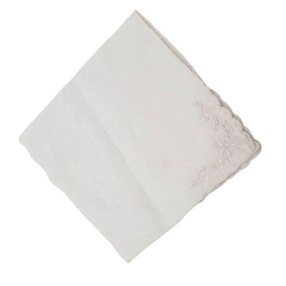 Vintage Embroidered White Handkerchief Bridal Floral Cotton Linen Stitched‎